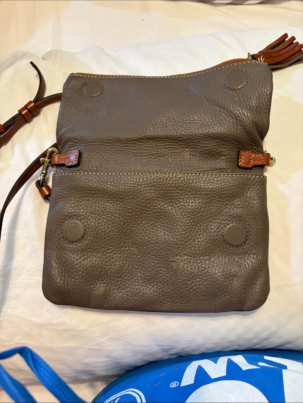 Dooney & Bourke Gray Pebbled Leather Fold-Over Crossbody with Brown Strap - Picture 2 of 3